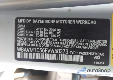 2015 BMW X1 Sdrive28I из США, поврежденный, VIN WBAVM1C56FVW58373